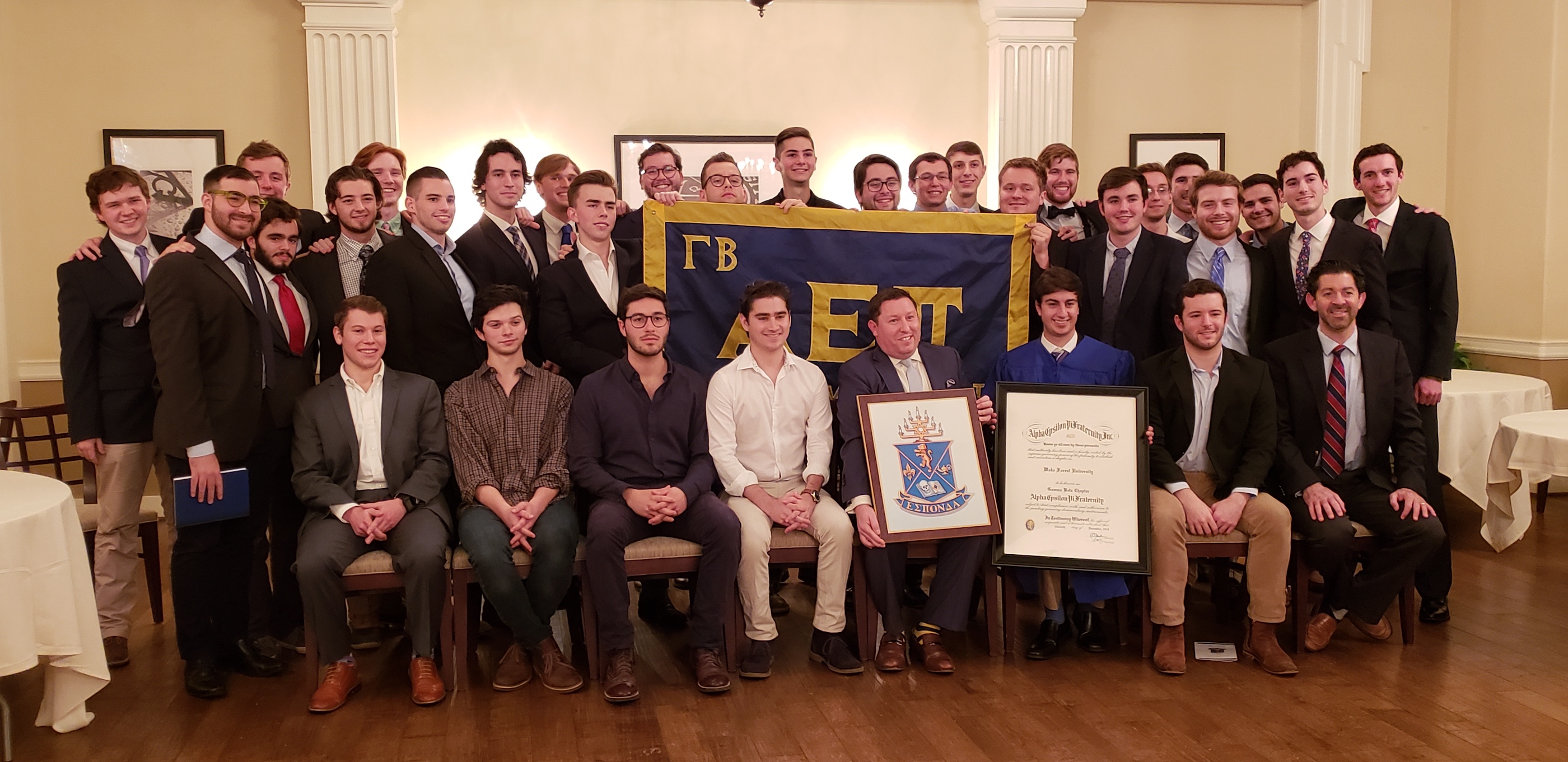 Wake Forest Chartering - Gamma Beta Brothers pose for a group photo with Supreme Scribe Scott Knapp (Florida State, 2002).